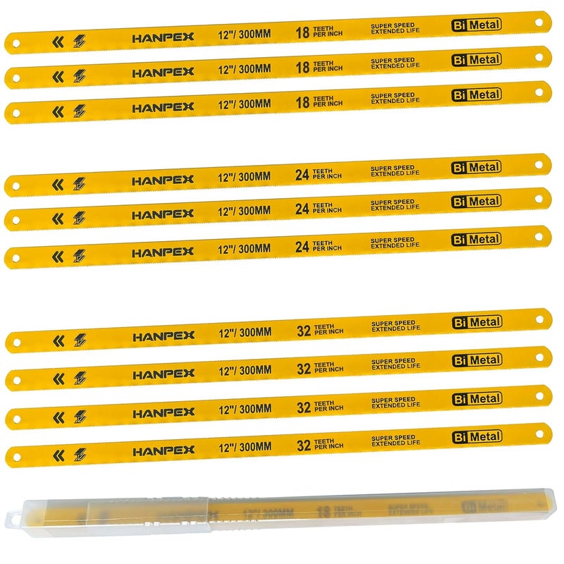 Hanpex Hacksaw Replacement Blade Sets (10 Pack) High Speed 3Pc. 18TPI / 3Pc. 24TPI / 4Pc. 32TPI- 12" Length Hack Saw Blade - Bi-Metal HSS Cutting Blades - Image 1